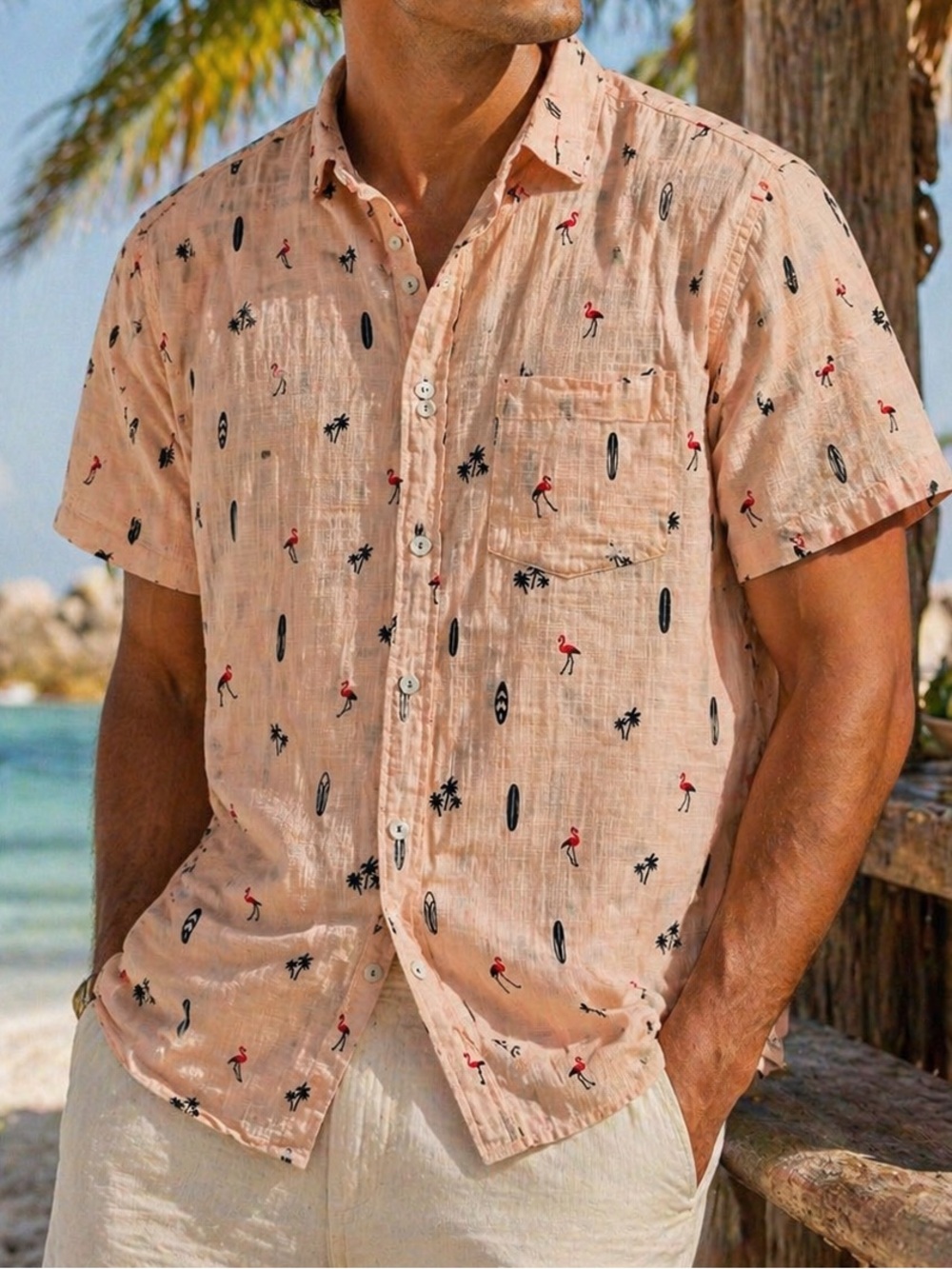 Ocean Current Flamingo Print Button Up Shirt Mens Large
